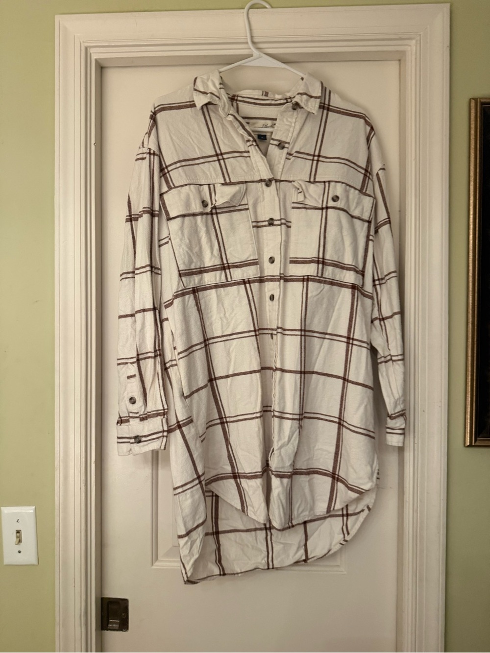 Universal Thread Plaid Flannel Button Down Shirt Dress Cream Brown M